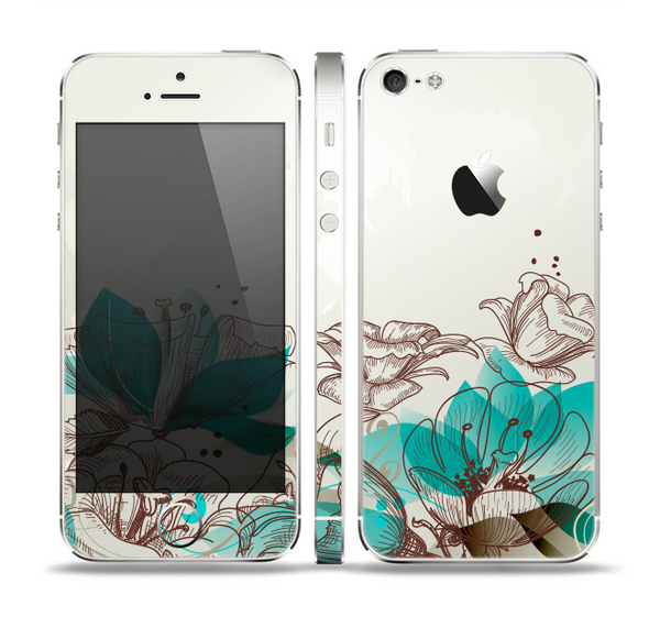 The Vintage Teal and Tan Abstract Floral Design Skin Set for the Apple iPhone 5