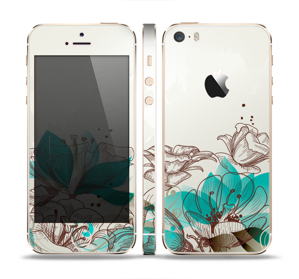 The Vintage Teal and Tan Abstract Floral Design Skin Set for the Apple iPhone 5s