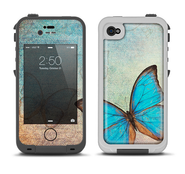 The Vivid Blue Butterfly On Textile Apple iPhone 4-4s LifeProof Fre Case Skin Set