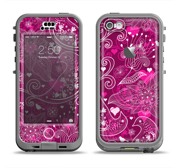 The Vivid Pink and White Paisley Birds Apple iPhone 5c LifeProof Nuud Case Skin Set