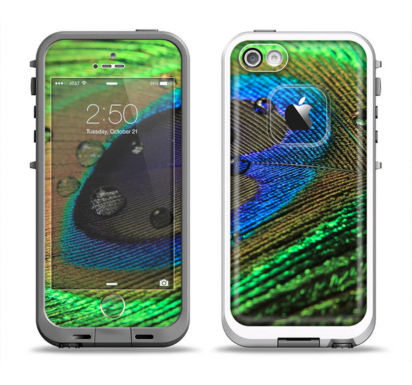 The Watered Neon Peacock Feather Apple iPhone 5-5s LifeProof Fre Case Skin Set