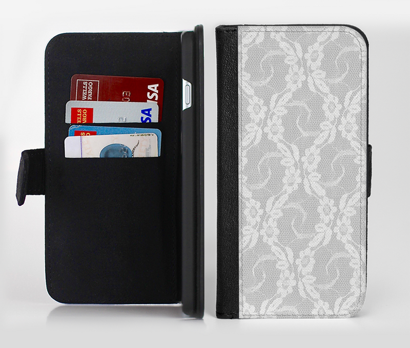 The White Floral Lace Ink-Fuzed Leather Folding Wallet Credit-Card Case for the Apple iPhone 6/6s, 6/6s Plus, 5/5s and 5c