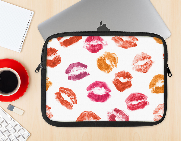 The White with Colored Pucker Lip Prints Ink-Fuzed NeoPrene MacBook Laptop Sleeve