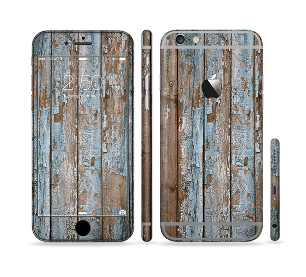 The Wood Planks with Peeled Blue Paint Sectioned Skin Series for the Apple iPhone 6 Plus