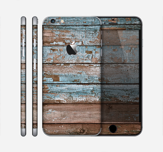 The Wood Planks with Peeled Blue Paint Skin for the Apple iPhone 6 Plus