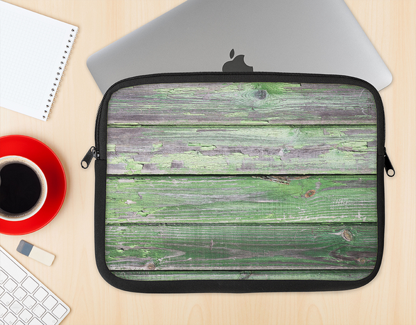 The Wooden Planks with Chipped Green Paint Ink-Fuzed NeoPrene MacBook Laptop Sleeve