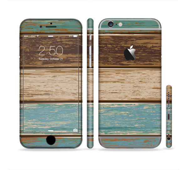 The Wooden Planks with Chipped Green and Brown Paint Sectioned Skin Series for the Apple iPhone 6