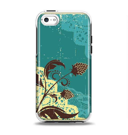 The Yellow Lace and Flower on Teal Apple iPhone 5c Otterbox Symmetry Case Skin Set