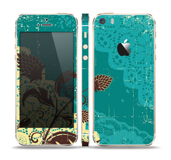 The Yellow Lace and Flower on Teal Skin Set for the Apple iPhone 5s