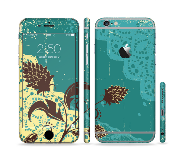 The Yellow Lace and Flower on Teal Sectioned Skin Series for the Apple iPhone 6