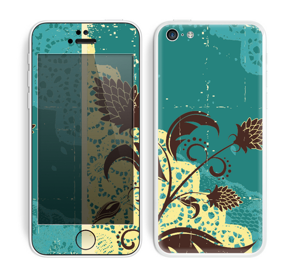 The Yellow Lace and Flower on Teal Skin for the Apple iPhone 5c