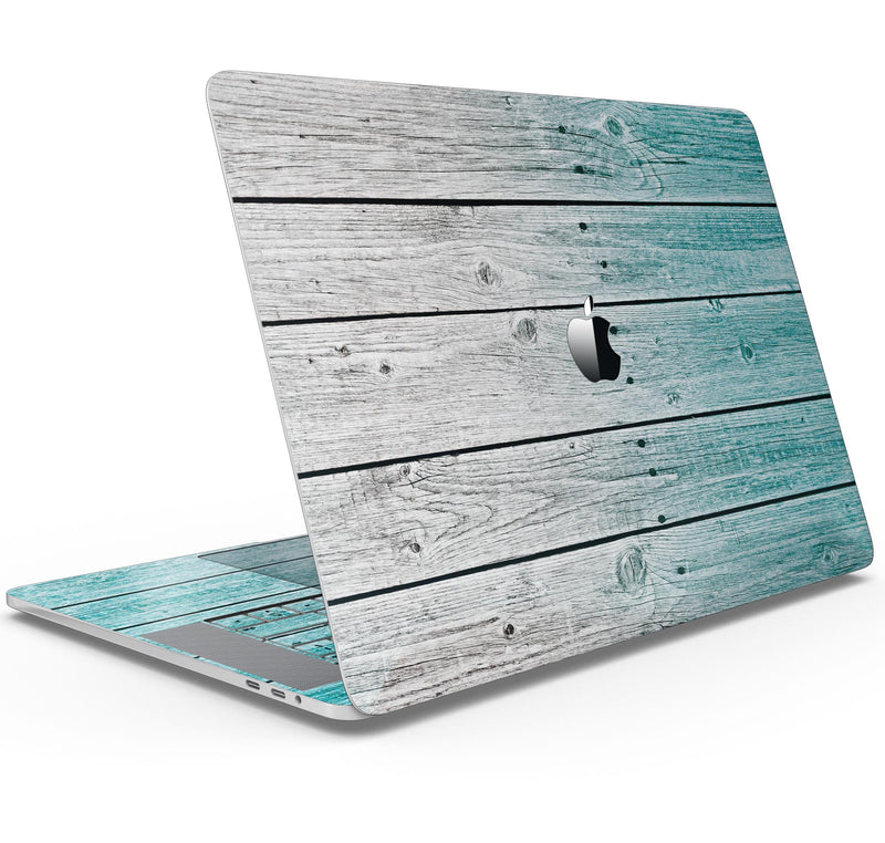 Trendy Teal to White Aged Wood Planks - Skin Decal Wrap Kit Compatible with the Apple MacBook Pro, Pro with Touch Bar or Air (11", 12", 13", 15" & 16" - All Versions Available)