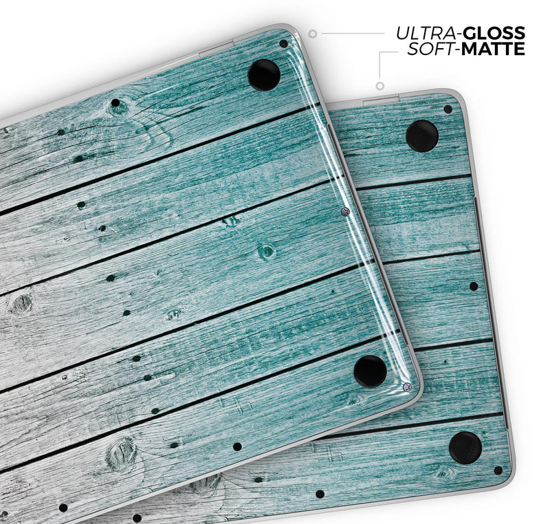 Trendy Teal to White Aged Wood Planks - Skin Decal Wrap Kit Compatible with the Apple MacBook Pro, Pro with Touch Bar or Air (11", 12", 13", 15" & 16" - All Versions Available)