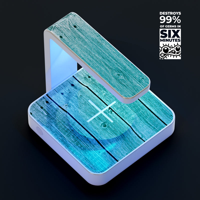 Trendy Teal to White Aged Wood Planks UV Germicidal Sanitizing Sterilizing Wireless Smart Phone Screen Cleaner + Charging Station