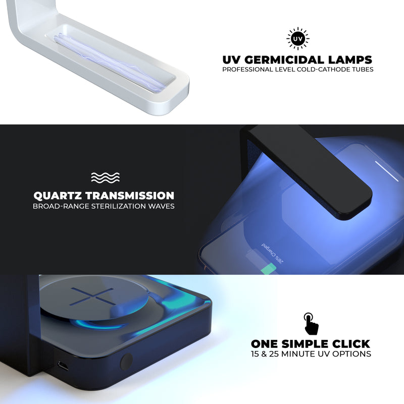 Black & Silver Marble Swirl V7 UV Germicidal Sanitizing Sterilizing Wireless Smart Phone Screen Cleaner + Charging Station