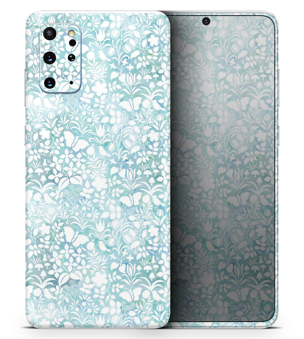 White Butterflies and Flowers on Light Blue Watercolor Pattern - Skin-Kit for the Samsung Galaxy S-Series S20, S20 Plus, S20 Ultra , S10 & others (All Galaxy Devices Available)