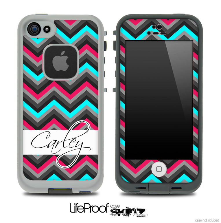Name Script Turquoise and Pink Chevron V4 Skin for the iPhone 5 or 4/4s LifeProof Case