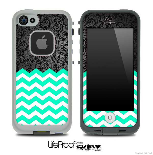 Mixed Dark Black Floral Lace and Trendy Green Chevron Pattern Skin for the iPhone 5 or 4/4s LifeProof Case