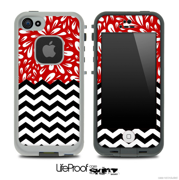 Mixed Red Floral Sprout and Chevron Pattern Skin for the iPhone 5 or 4/4s LifeProof Case