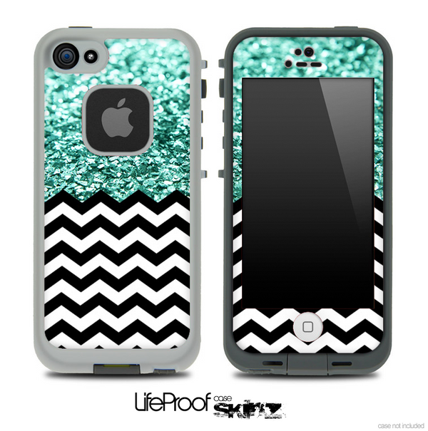 Mixed Aqua Green Glimmer and Chevron Pattern Skin for the iPhone 5 or 4/4s LifeProof Case