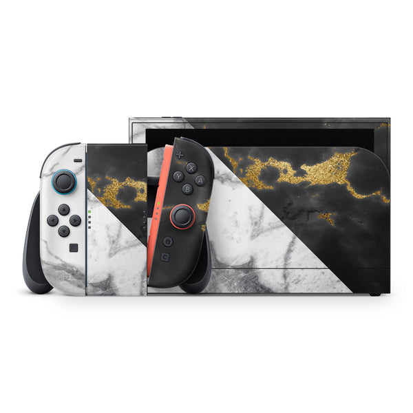 White-Black Marble & Digital Gold Foil V1 // Skin Decal Wrap Kit for Nintendo Switch 2