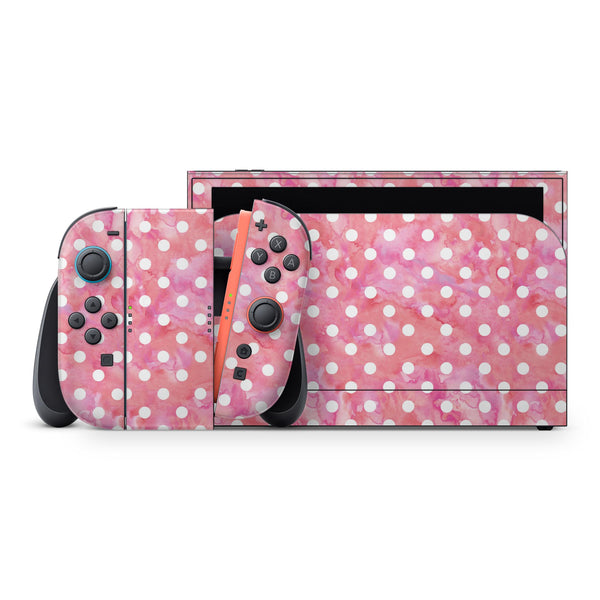 White Polka Dots over Pink Watercolor // Skin Decal Wrap Kit for Nintendo Switch 2