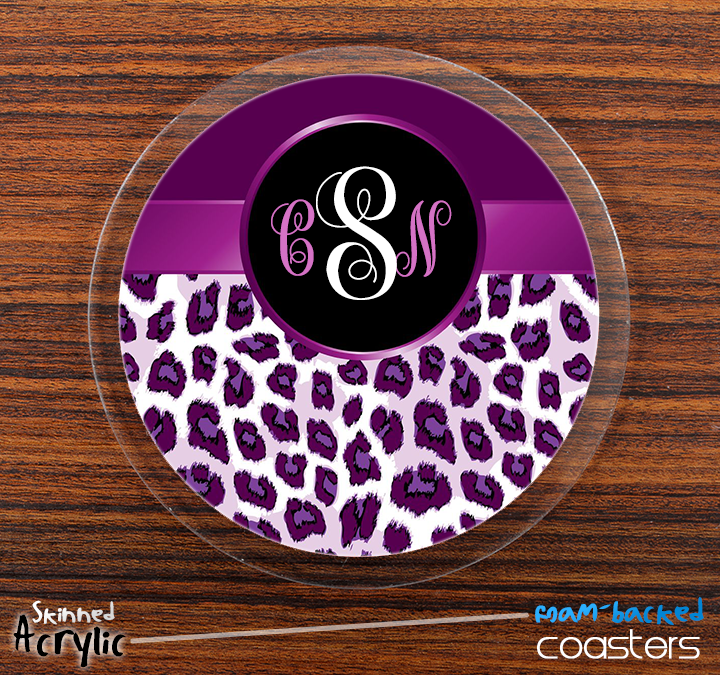 The Purple & White Leopard Monogram Skinned Foam-Backed Coaster Set