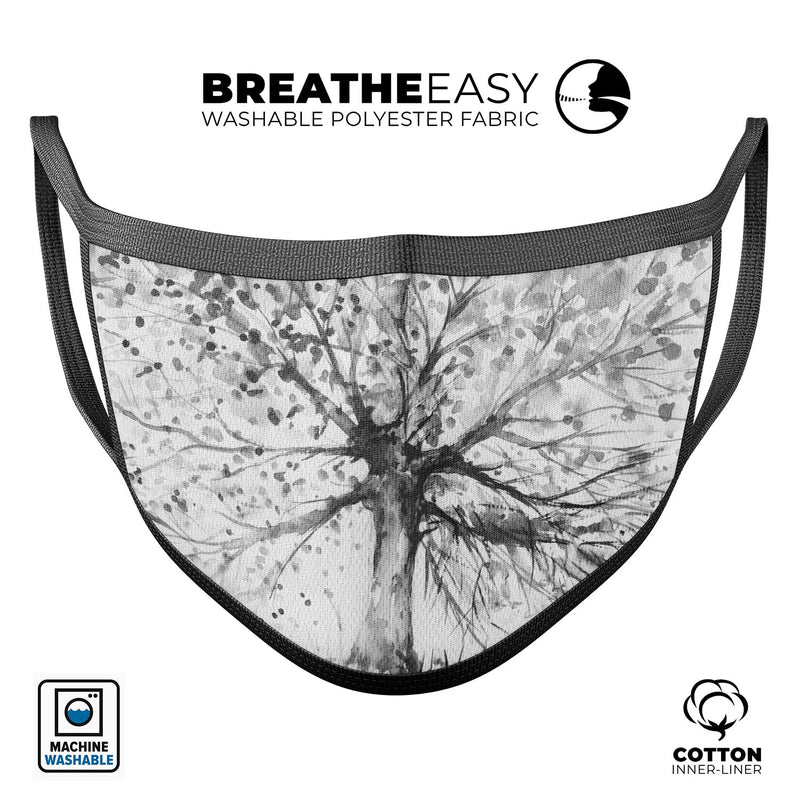 Abstract Black and White WaterColor Vivid Tree - Made in USA Mouth Cover Unisex Anti-Dust Cotton Blend Reusable & Washable Face Mask with Adjustable Sizing for Adult or Child