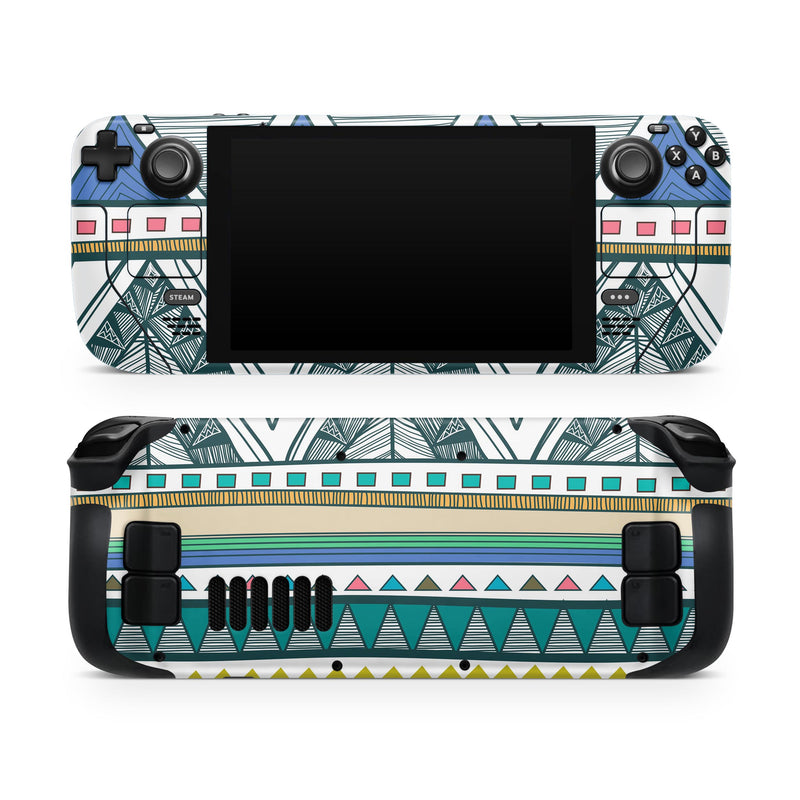 Abstract Blue and Green Triangle Aztec // Full Body Skin Decal Wrap Kit for the Steam Deck handheld gaming computer
