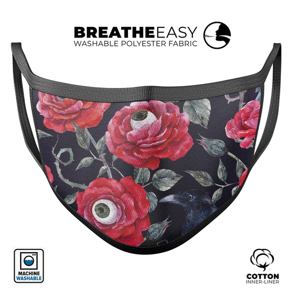 Abstract Roses with Eyes - Made in USA Mouth Cover Unisex Anti-Dust Cotton Blend Reusable & Washable Face Mask with Adjustable Sizing for Adult or Child