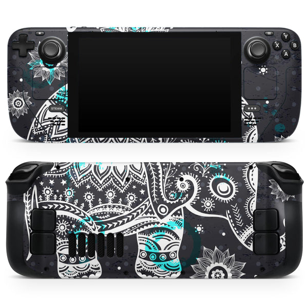 Aztec Elephant Blue Accented Modern Illustration // Full Body Skin Decal Wrap Kit for the Steam Deck handheld gaming computer