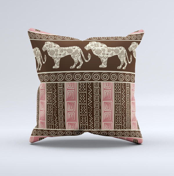 Aztec Pink Brown Lion Pattern Ink-Fuzed Decorative Throw Pillow