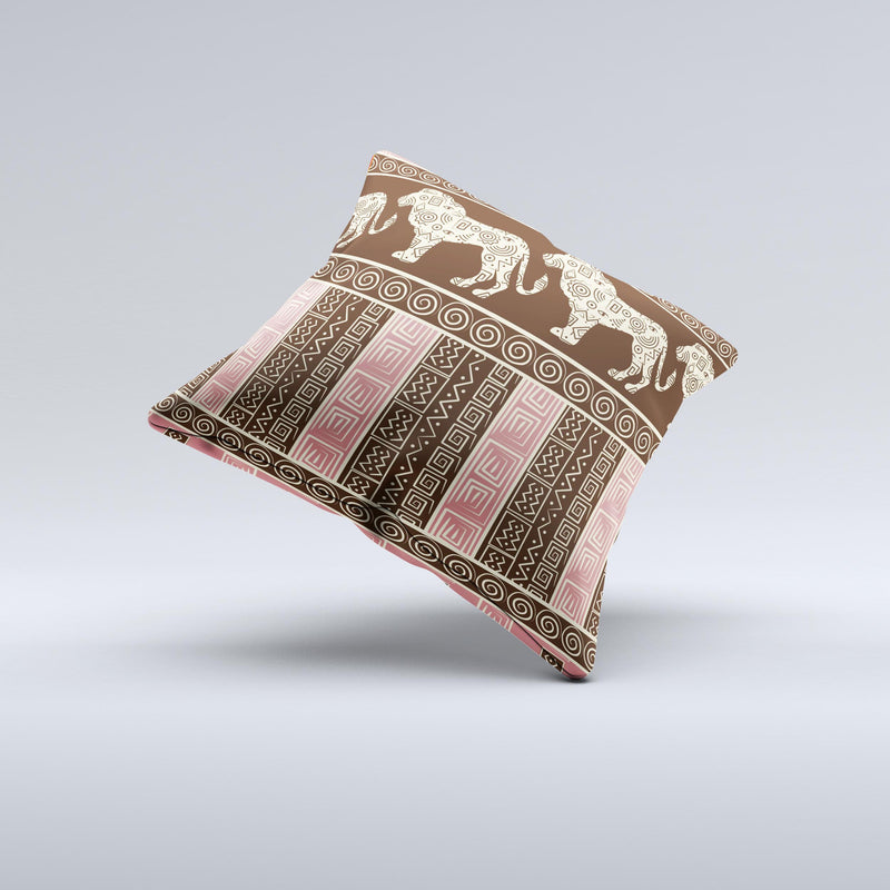 Aztec Pink Brown Lion Pattern Ink-Fuzed Decorative Throw Pillow