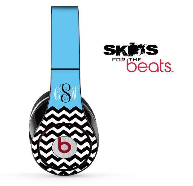 Blue, White and Black Chevron Custom Monogram Pattern Skin for the Beats by Dre Solo, Studio, Wireless, Pro or Mixr