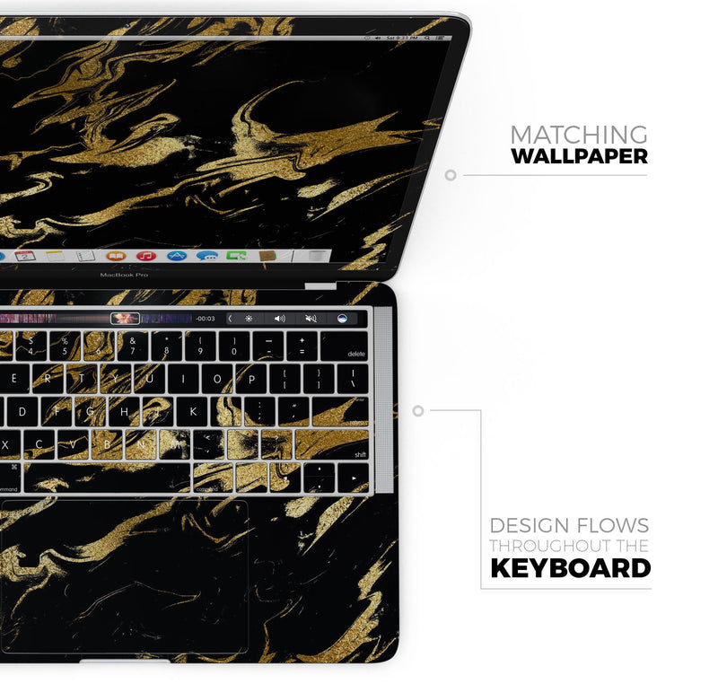 Black & Gold Marble Swirl V11 - Skin Decal Wrap Kit Compatible with the Apple MacBook Pro, Pro with Touch Bar or Air (11", 12", 13", 15" & 16" - All Versions Available)