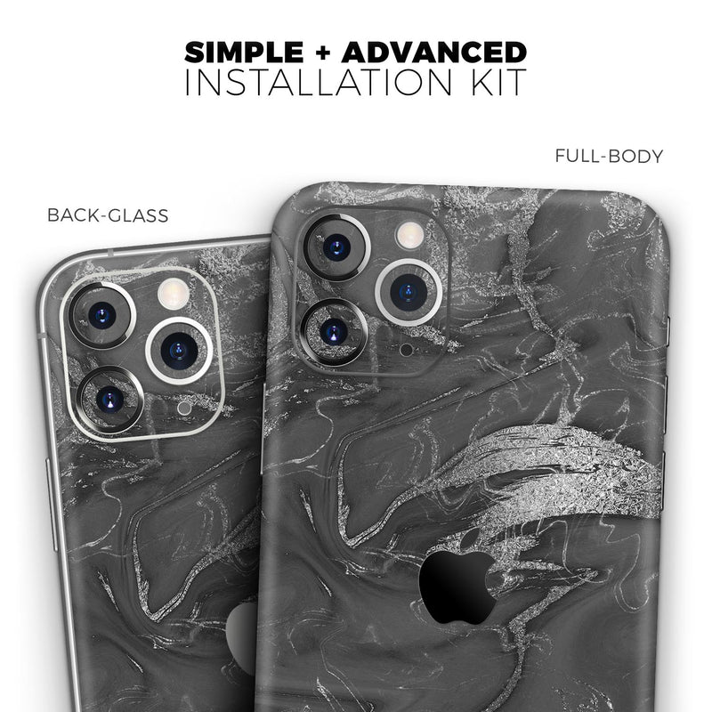 Black & Silver Marble Swirl V7  - Protective Skin Wrap & Decal – Compatible with iPhone SE to iPhone 17 Pro Max (All Models)