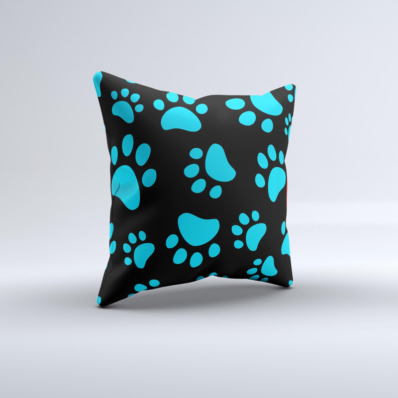 Black Turquoise Paw Print Ink-Fuzed Decorative Throw Pillow