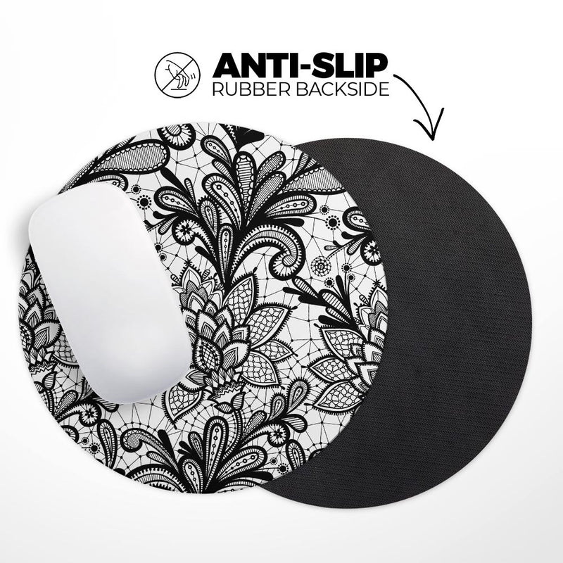 Black and White Geometric Floral// WaterProof Rubber Foam Backed Anti-Slip Mouse Pad for Home Work Office or Gaming Computer Desk