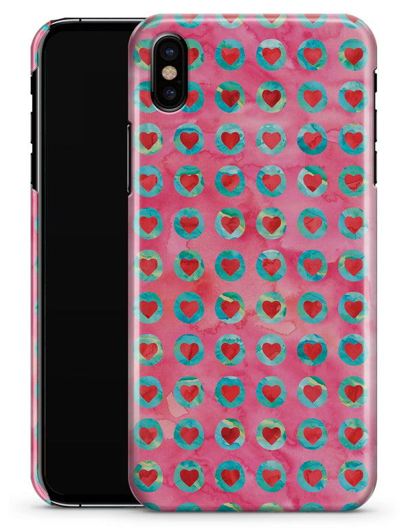 Blue-Green Polka Dots with Hearts Pattern on Pink Watercolor - iPhone X Clipit Case