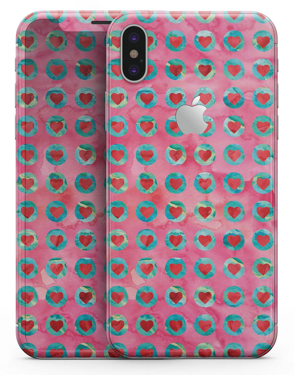 Blue-Green Polka Dots with Hearts Pattern on Pink Watercolor - iPhone X Skin-Kit