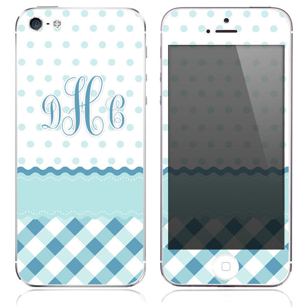 Monogrammed Blue Plaid w/ Polka Dots Print Skin for the iPhone 3gs, 4/4s, 5, 5s or 5c