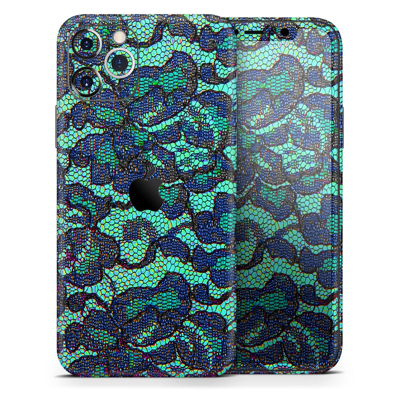 Blue & Teal Lace Texture  - Protective Skin Wrap & Decal – Compatible with iPhone SE to iPhone 17 Pro Max (All Models)