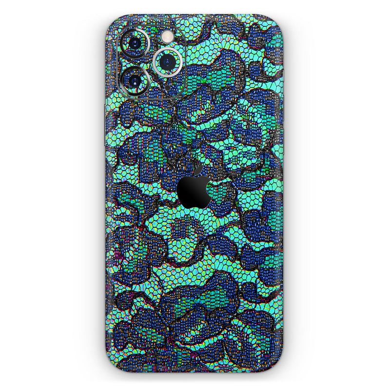 Blue & Teal Lace Texture  - Protective Skin Wrap & Decal – Compatible with iPhone SE to iPhone 17 Pro Max (All Models)