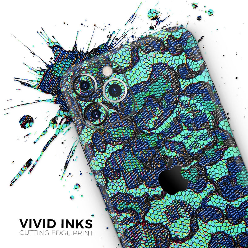 Blue & Teal Lace Texture  - Protective Skin Wrap & Decal – Compatible with iPhone SE to iPhone 17 Pro Max (All Models)