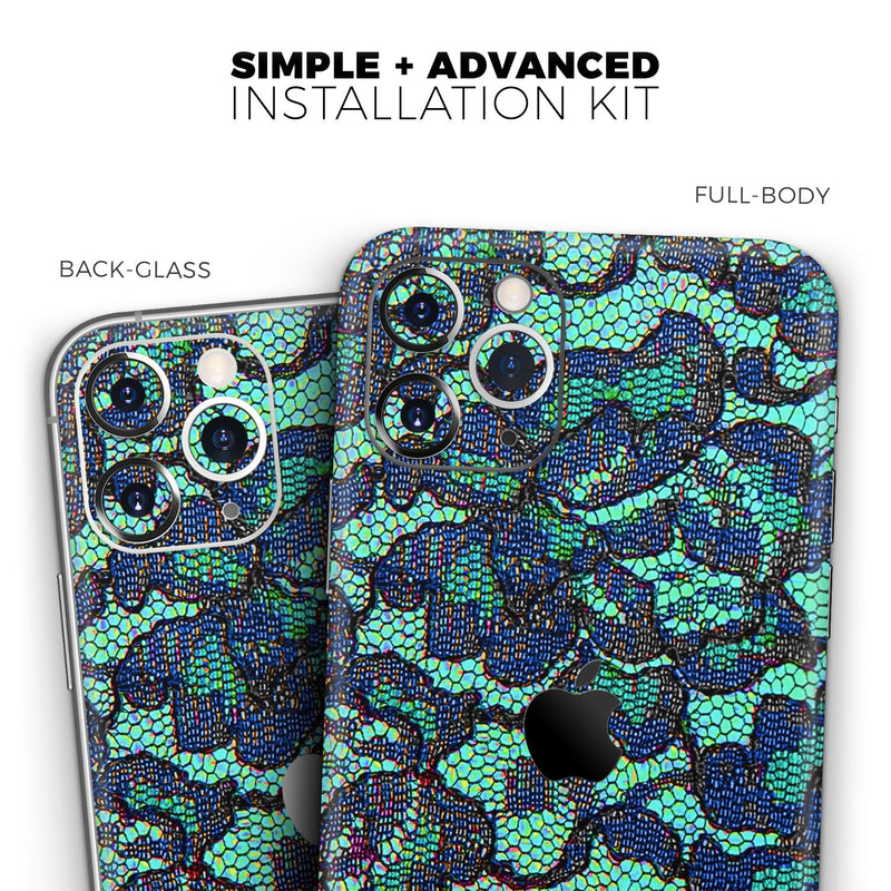 Blue & Teal Lace Texture  - Protective Skin Wrap & Decal – Compatible with iPhone SE to iPhone 17 Pro Max (All Models)