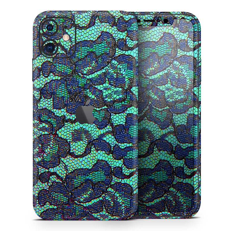 Blue & Teal Lace Texture  - Protective Skin Wrap & Decal – Compatible with iPhone SE to iPhone 17 Pro Max (All Models)