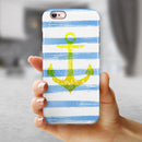 Blue Striped Watercolor Gold Anchor iPhone 6/6s or 6/6s Plus 2-Piece Hybrid INK-Fuzed Case
