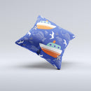 Blue Vector Fish and Boat Pattern ink-Fuzed Decorative Throw Pillow