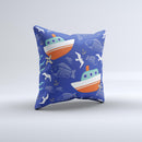 Blue Vector Fish and Boat Pattern ink-Fuzed Decorative Throw Pillow
