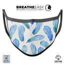 Blue Watercolor Feather Pattern - Made in USA Mouth Cover Unisex Anti-Dust Cotton Blend Reusable & Washable Face Mask with Adjustable Sizing for Adult or Child